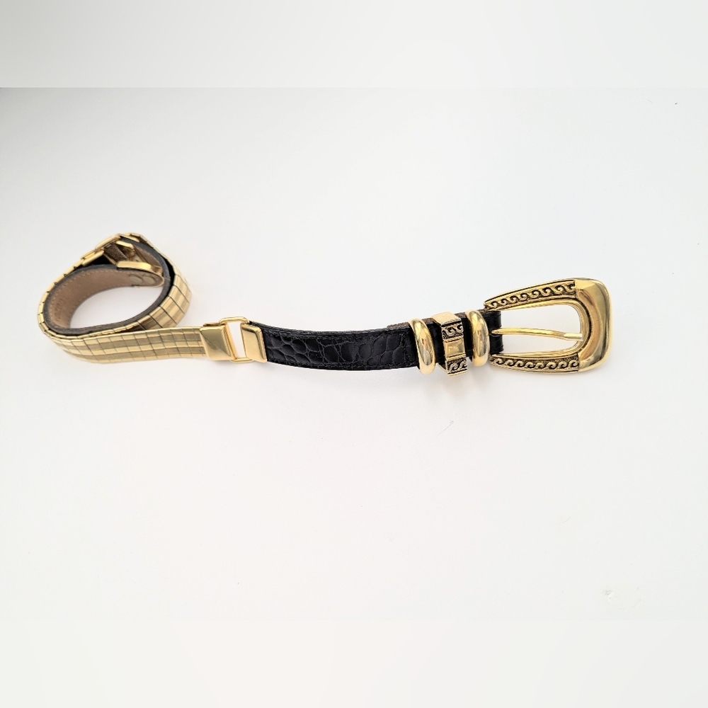 Elegant Women's Black Leather & Gold Metal Waist Belt